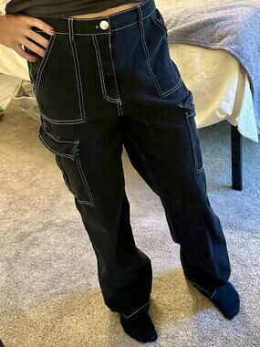 Faded Rose Essentials Cotton Spandex Black Cargo Pants Button Pockets Women L
